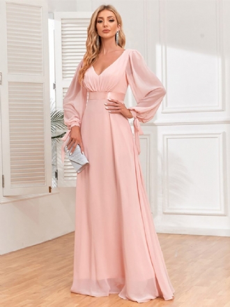 Robe Élégante Pour Femmes Manches Lanternes Col V Dos Nu Plissée Robes Longues Bal