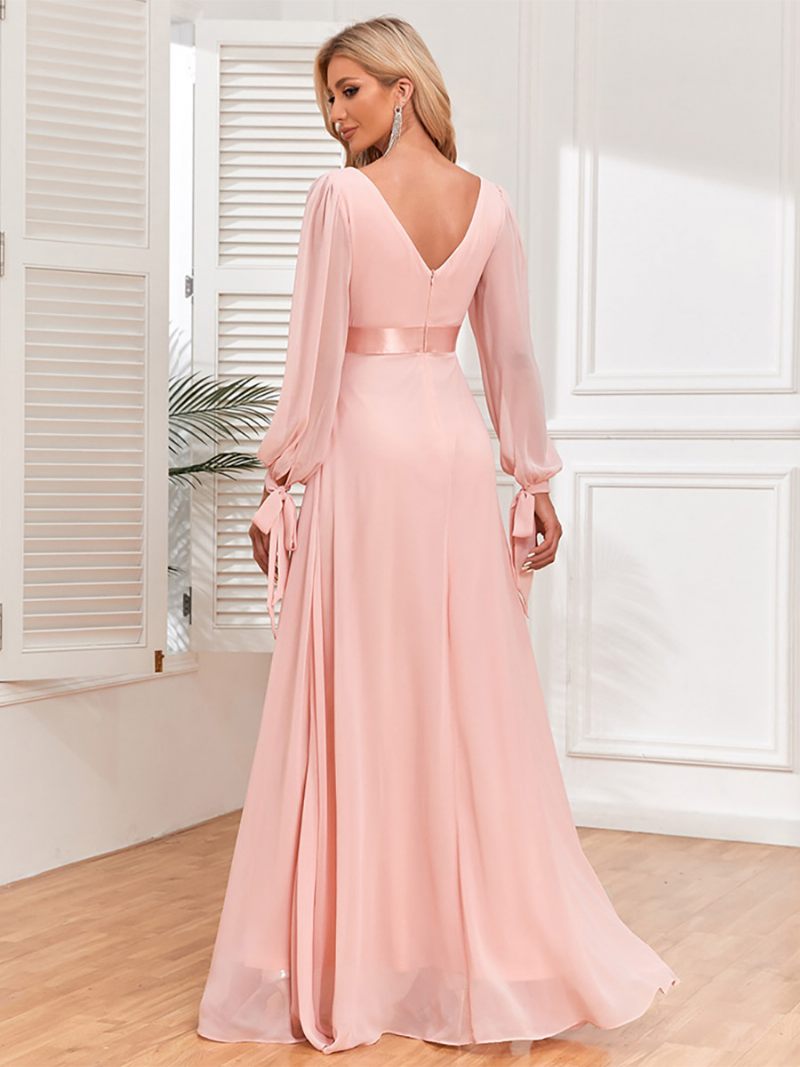 Robe Élégante Pour Femmes Manches Lanternes Col V Dos Nu Plissée Robes Longues Bal - Rose