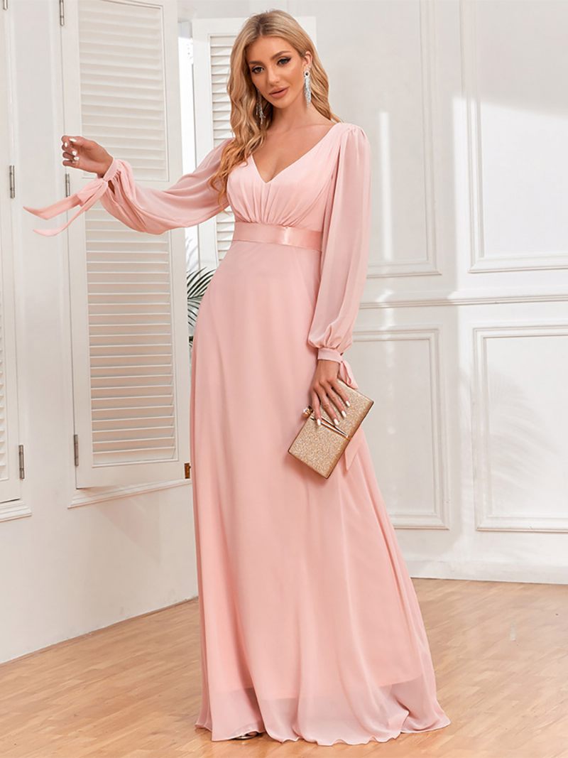 Robe Élégante Pour Femmes Manches Lanternes Col V Dos Nu Plissée Robes Longues Bal - Rose