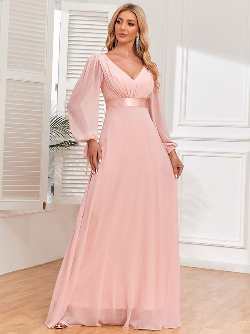 Robe Élégante Pour Femmes Manches Lanternes Col V Dos Nu Plissée Robes Longues Bal - Rose