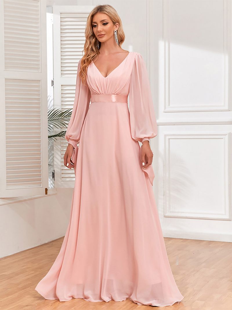 Robe Élégante Pour Femmes Manches Lanternes Col V Dos Nu Plissée Robes Longues Bal - Rose