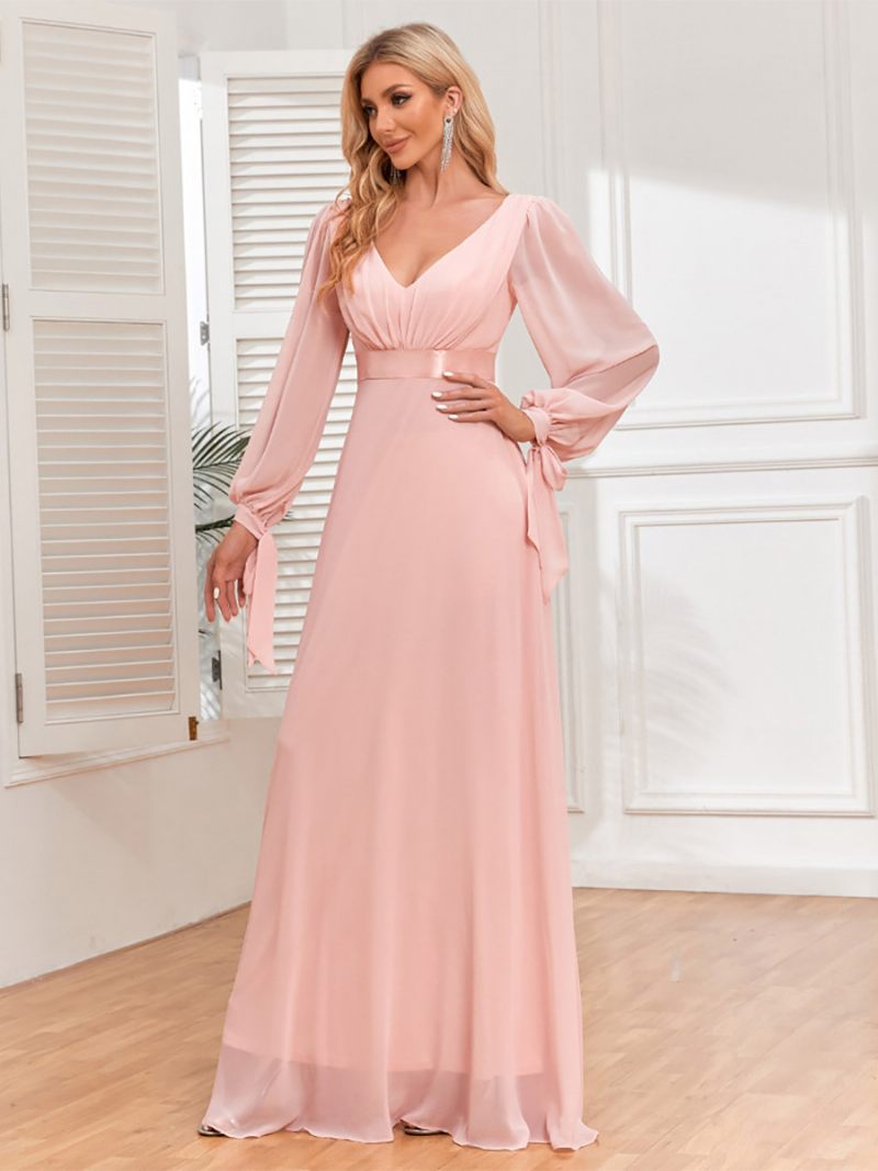 Robe Élégante Pour Femmes Manches Lanternes Col V Dos Nu Plissée Robes Longues Bal - Rose