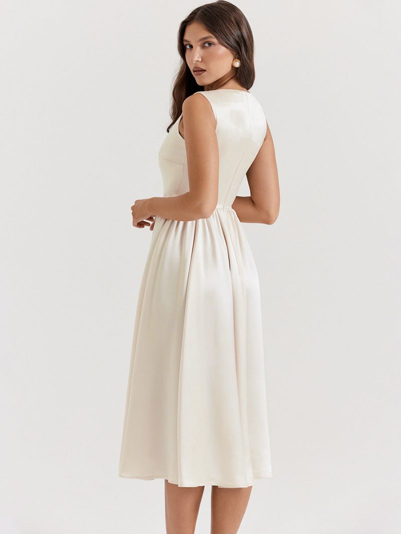 Robe Élégante Sans Manches Pour Femmes Col Bateau Plissée Ligne A Robes Mi-longues Soirée Bal - Beige