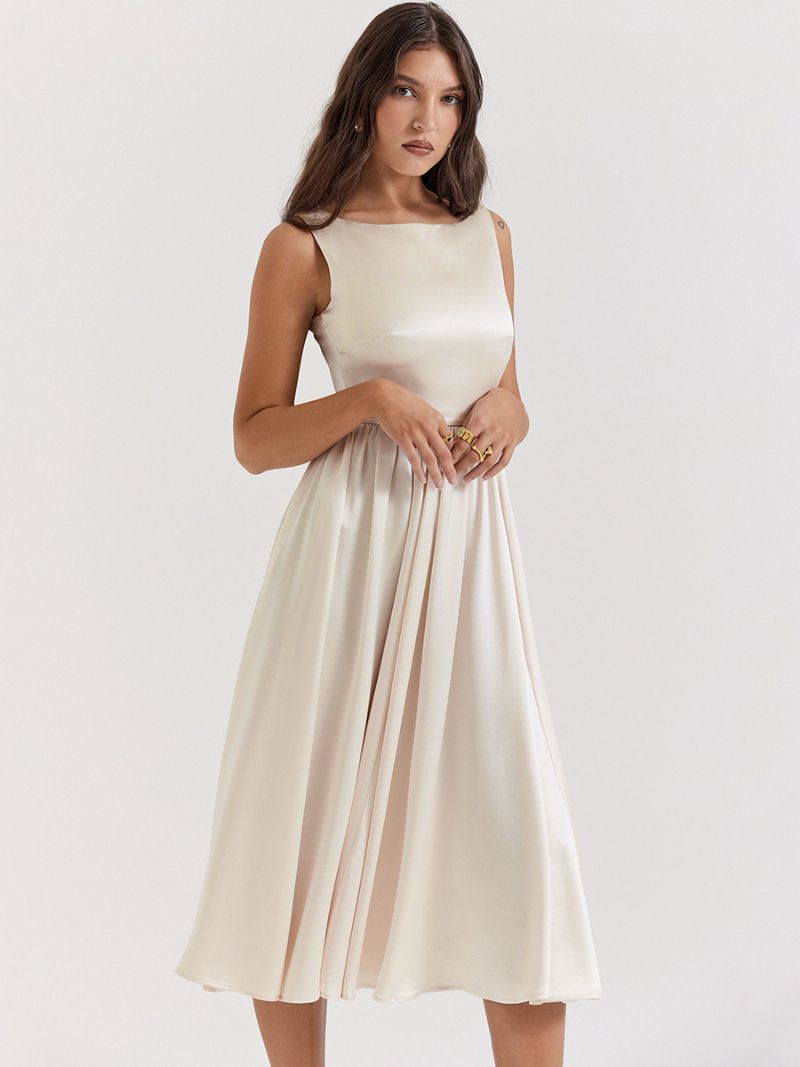 Robe Élégante Sans Manches Pour Femmes Col Bateau Plissée Ligne A Robes Mi-longues Soirée Bal - Beige