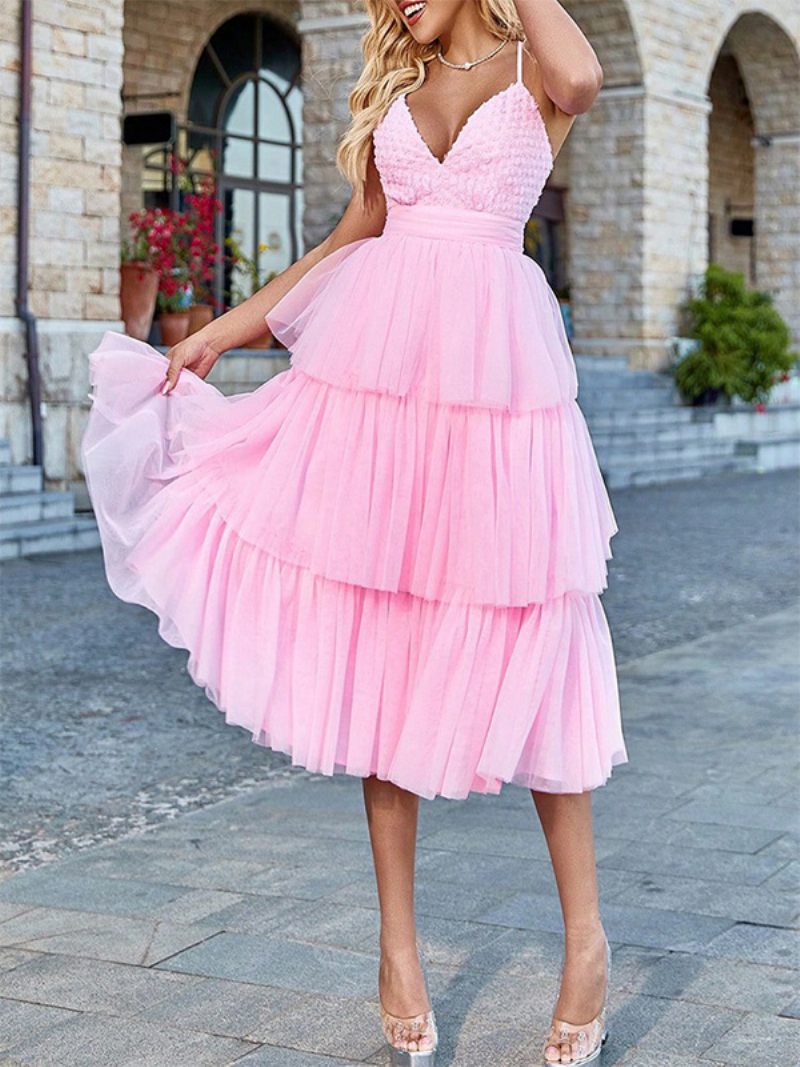 Robe Féerique Tulle Pour Femmes Superposée Col V Dos Nu Douce Mi-longue - Rose