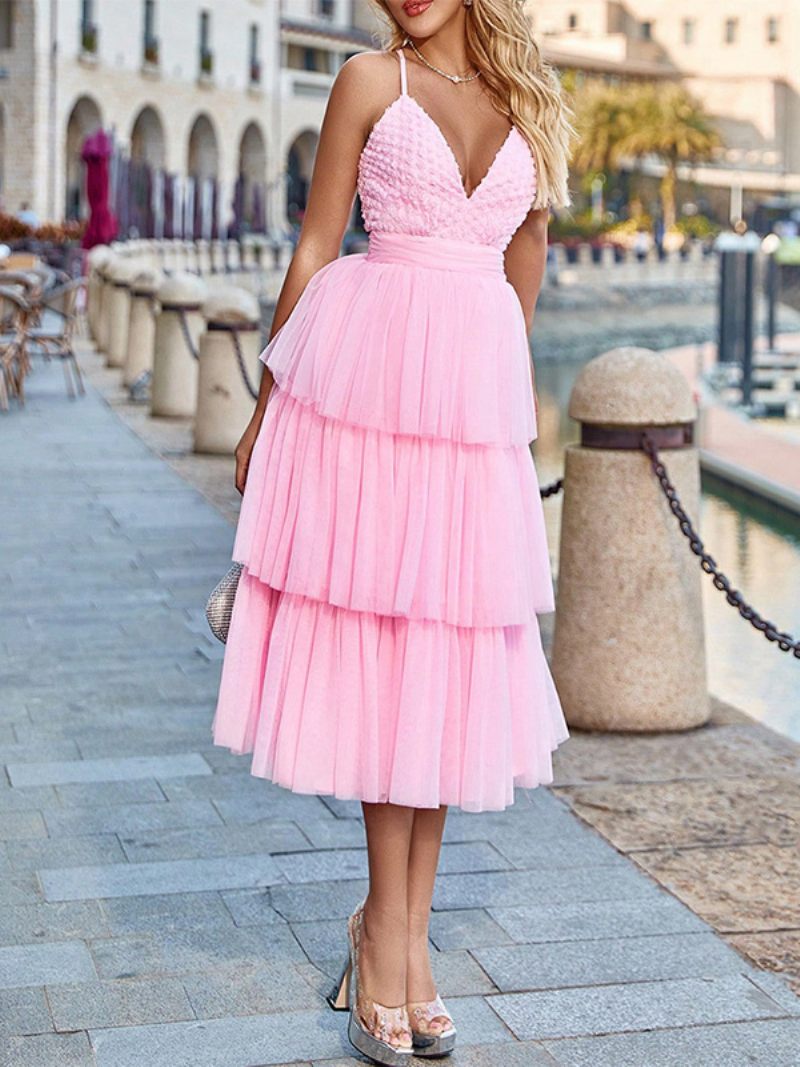 Robe Féerique Tulle Pour Femmes Superposée Col V Dos Nu Douce Mi-longue - Rose