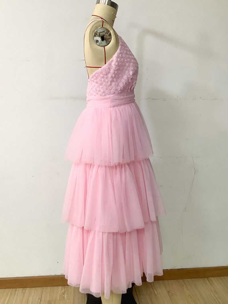 Robe Féerique Tulle Pour Femmes Superposée Col V Dos Nu Douce Mi-longue - Rose