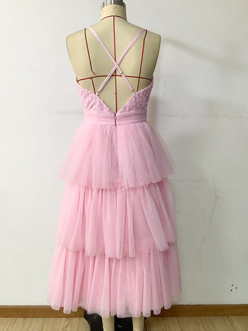 Robe Féerique Tulle Pour Femmes Superposée Col V Dos Nu Douce Mi-longue - Rose