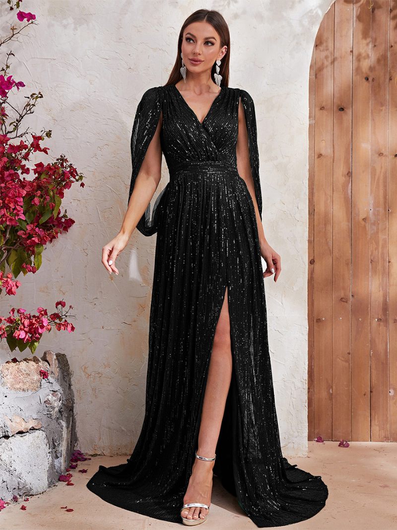 Robe À Fente Haute Pour Femmes Col V Manches Conçues Taille Empire Robes Longues Bal