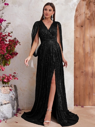 Robe À Fente Haute Pour Femmes Col V Manches Conçues Taille Empire Robes Longues Bal