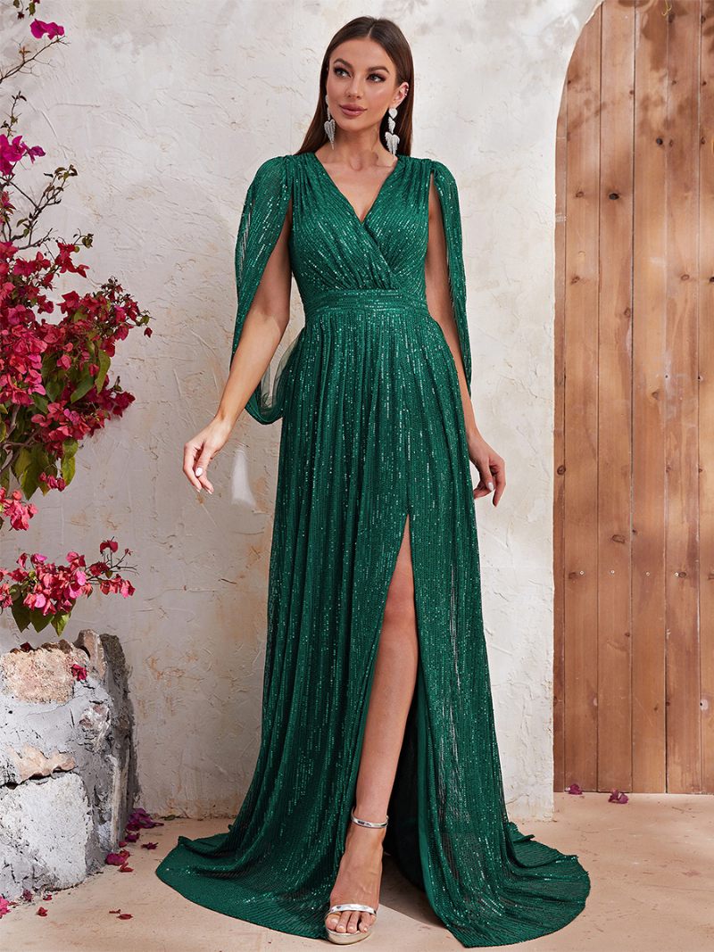 Robe À Fente Haute Pour Femmes Col V Manches Conçues Taille Empire Robes Longues Bal - Vert Foncé