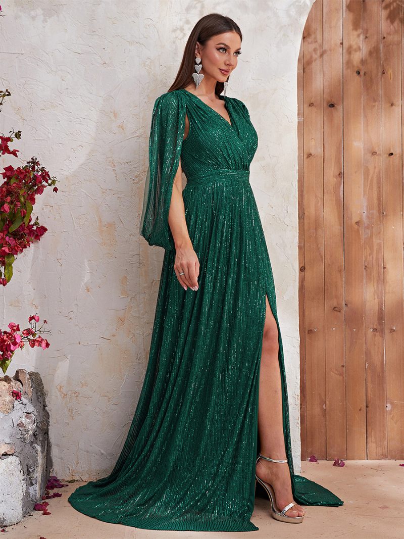 Robe À Fente Haute Pour Femmes Col V Manches Conçues Taille Empire Robes Longues Bal - Vert Foncé