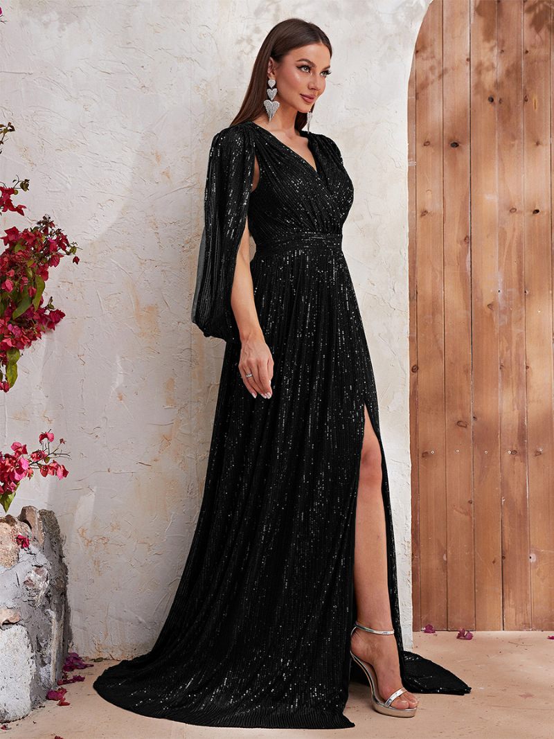 Robe À Fente Haute Pour Femmes Col V Manches Conçues Taille Empire Robes Longues Bal - Noir