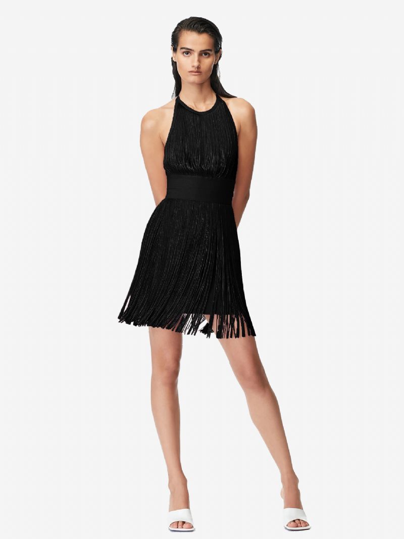 Robe À Franges Lavande Pour Femmes Col Licou Dos Nu Robes Soirée Élégantes Courtes - Noir