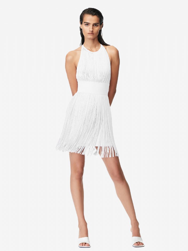 Robe À Franges Lavande Pour Femmes Col Licou Dos Nu Robes Soirée Élégantes Courtes - Blanc