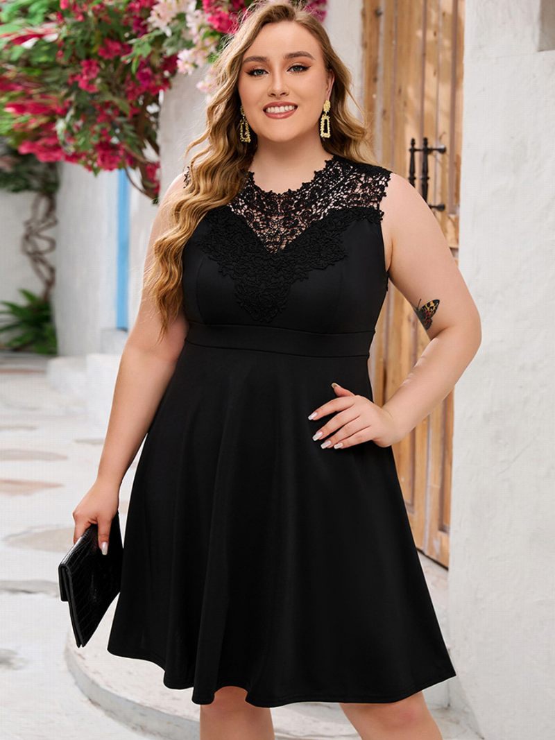 Robe Grande Taille Pour Femmes Encolure Dentelle Sans Manches Robes Courtes Décontractées