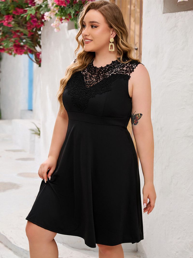 Robe Grande Taille Pour Femmes Encolure Dentelle Sans Manches Robes Courtes Décontractées - Noir