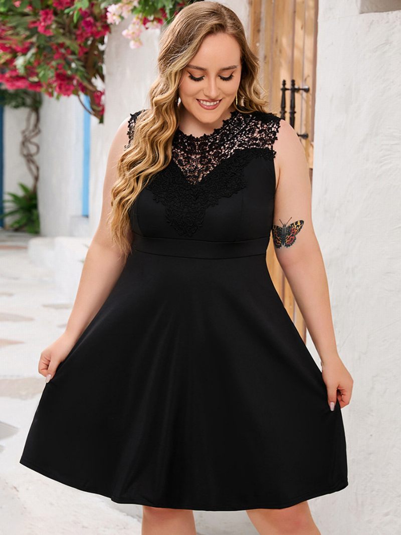 Robe Grande Taille Pour Femmes Encolure Dentelle Sans Manches Robes Courtes Décontractées - Noir