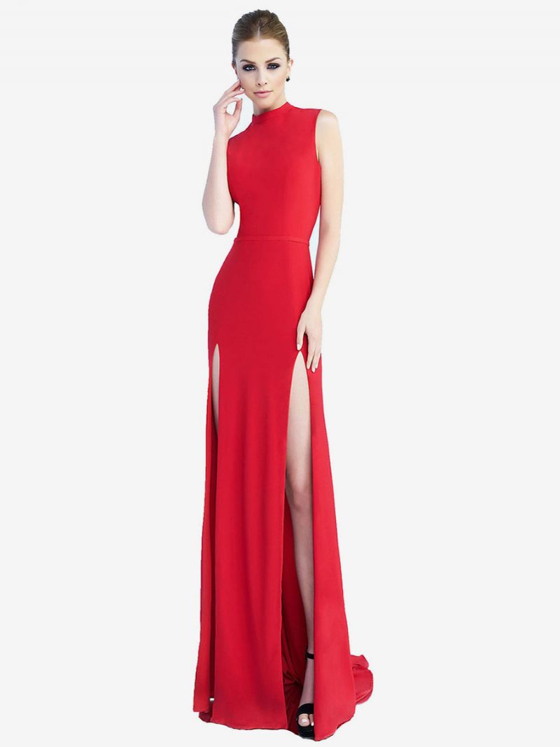 Robe Longue Bal Rouge Pour Femmes Col Bijou Sans Manches Fente Haute Semi-formelle