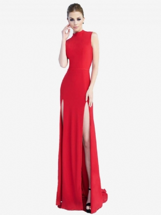 Robe Longue Bal Rouge Pour Femmes Col Bijou Sans Manches Fente Haute Semi-formelle