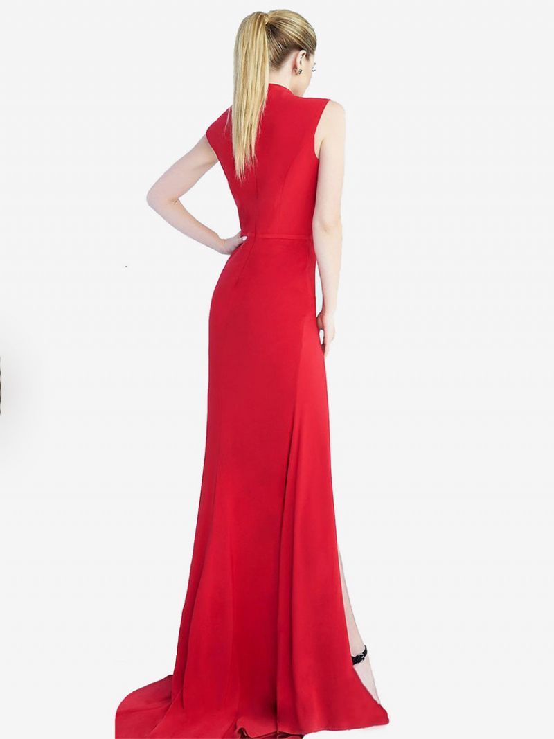 Robe Longue Bal Rouge Pour Femmes Col Bijou Sans Manches Fente Haute Semi-formelle - Rouge