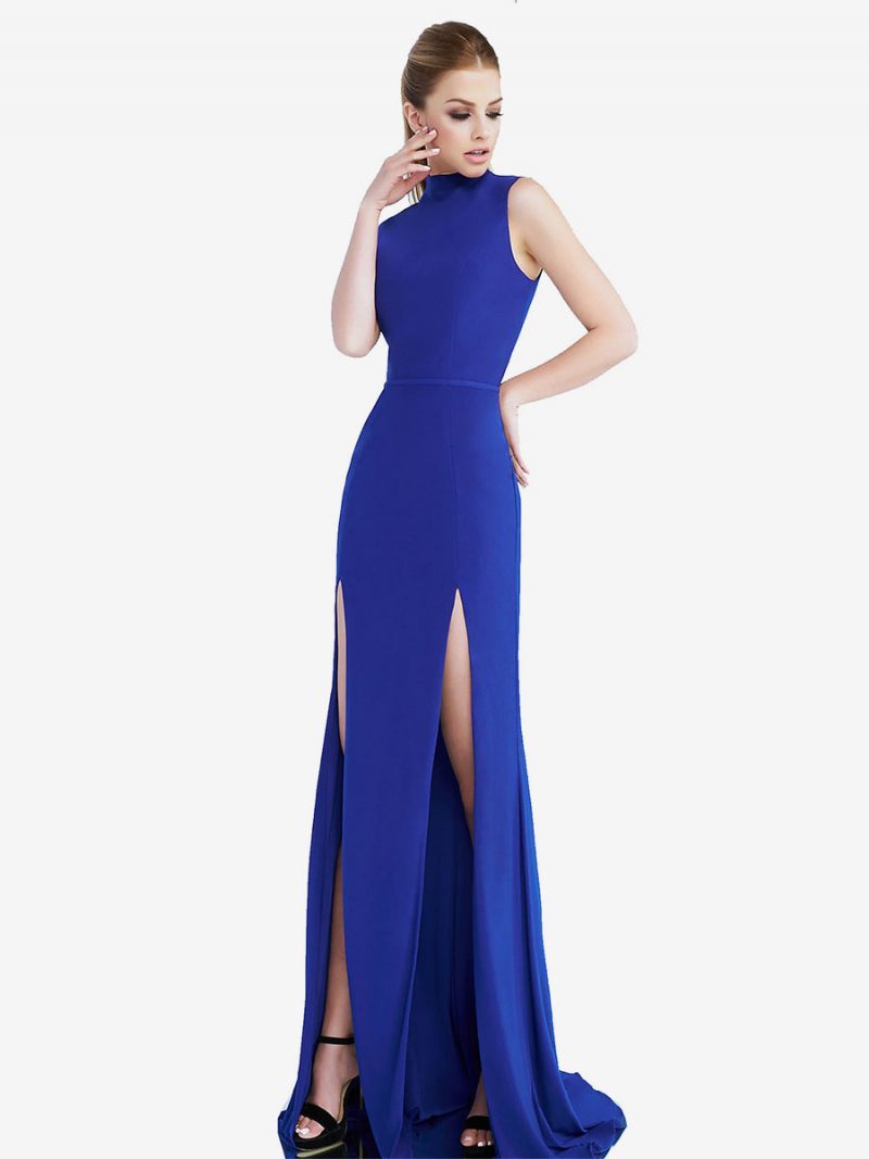 Robe Longue Bal Rouge Pour Femmes Col Bijou Sans Manches Fente Haute Semi-formelle - Bleu