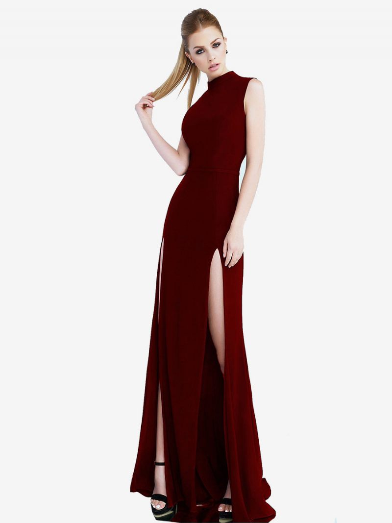 Robe Longue Bal Rouge Pour Femmes Col Bijou Sans Manches Fente Haute Semi-formelle - Bourgogne