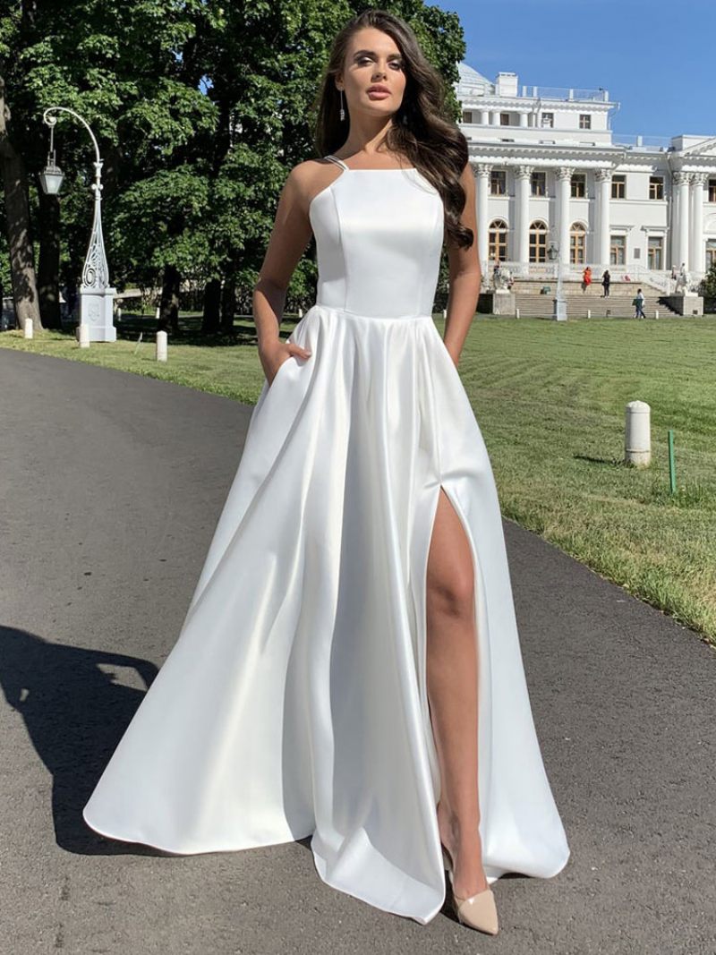 Robe Longue Blanche Pour Femmes Bretelles Col Sans Manches Fente Haute Bal Élégante