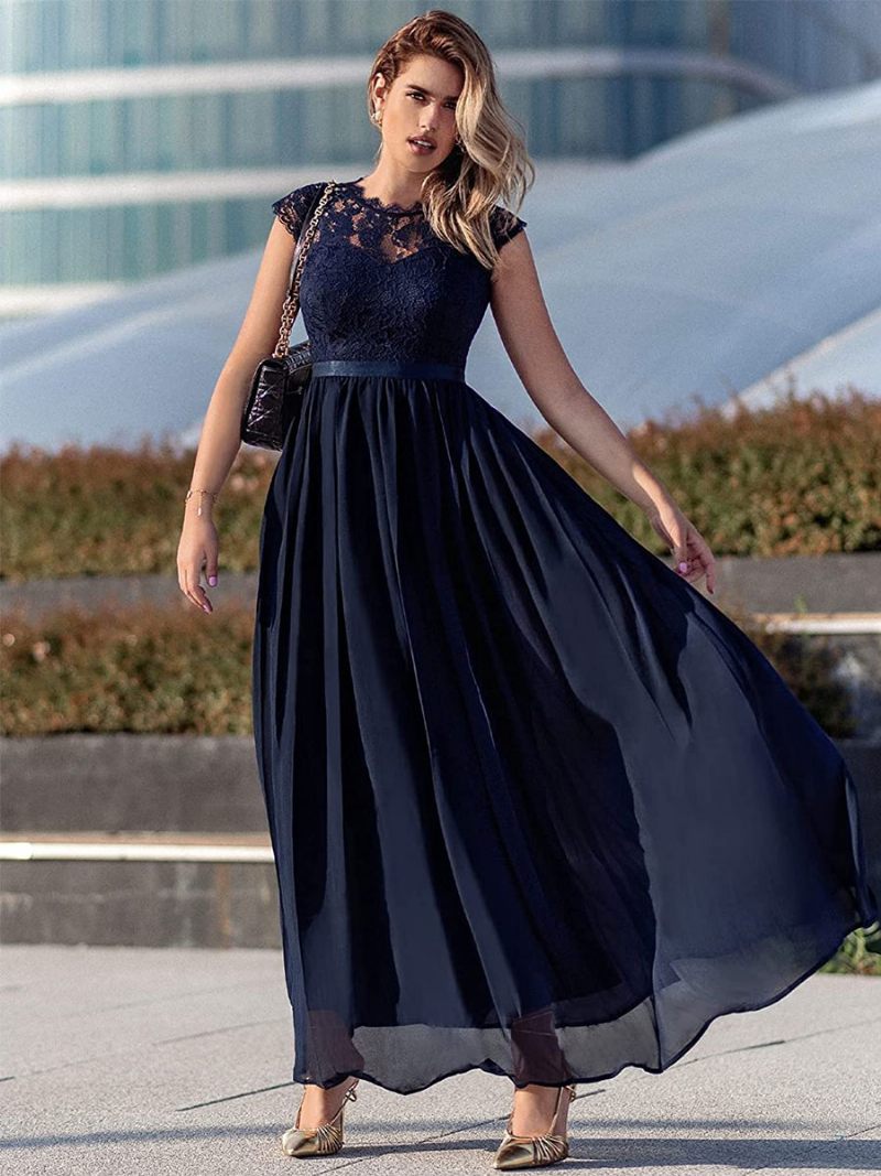 Robe Longue Bleu Marine Foncé À Manches Cape Pour Femmes Corsage Dentelle Taille Avec Ruban Robes Bal