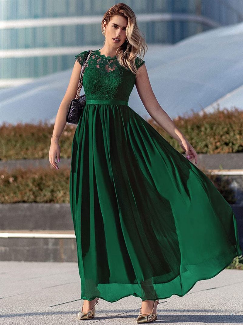 Robe Longue Bleu Marine Foncé À Manches Cape Pour Femmes Corsage Dentelle Taille Avec Ruban Robes Bal - Vert