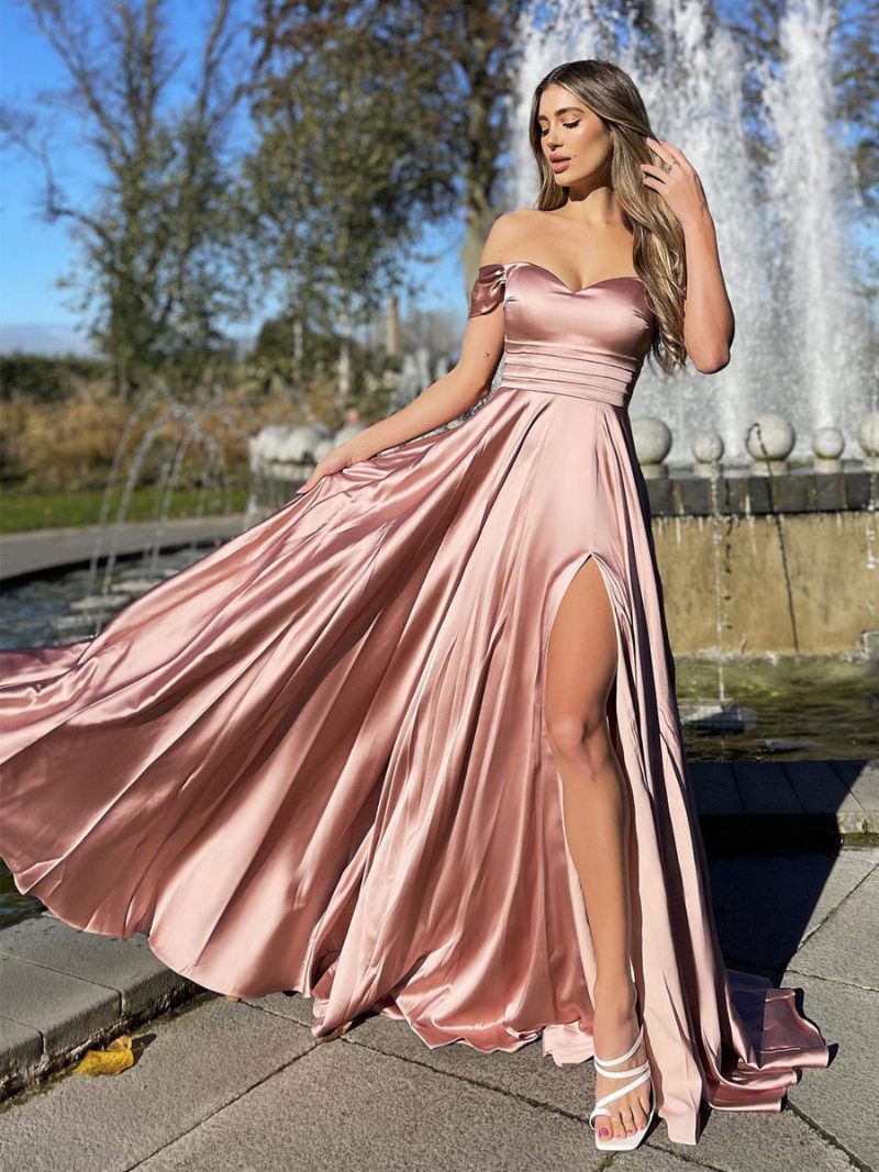 Robe Longue À Col Bateau Pour Femmes Manches Courtes Sexy Fente Haute Fermeture Éclair Robes Bal