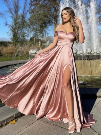 Robe Longue À Col Bateau Pour Femmes Manches Courtes Sexy Fente Haute Fermeture Éclair Robes Bal