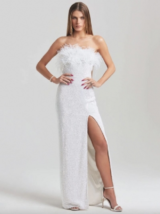 Robe Longue À Col Plumes Pour Femme Sans Bretelles Fente Haute Bal Fête D'anniversaire