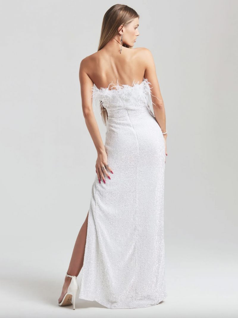 Robe Longue À Col Plumes Pour Femme Sans Bretelles Fente Haute Bal Fête D'anniversaire - Blanc