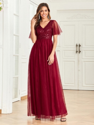 Robe Longue À Col V Pour Femme Corsage Paillettes Manches Papillon Robes Bal