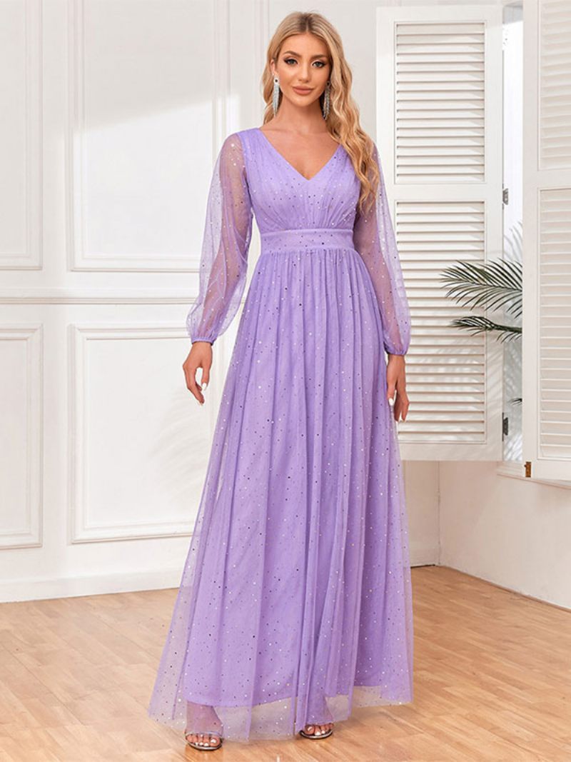 Robe Longue À Col V Pour Femme Taille Empire Manches Illusion Paillettes Robes Bal