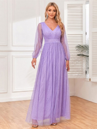 Robe Longue À Col V Pour Femme Taille Empire Manches Illusion Paillettes Robes Bal