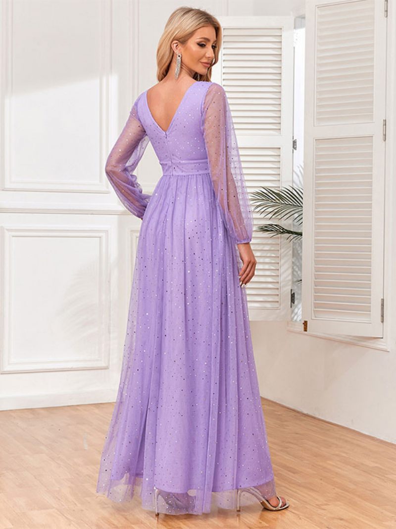 Robe Longue À Col V Pour Femme Taille Empire Manches Illusion Paillettes Robes Bal - Violet