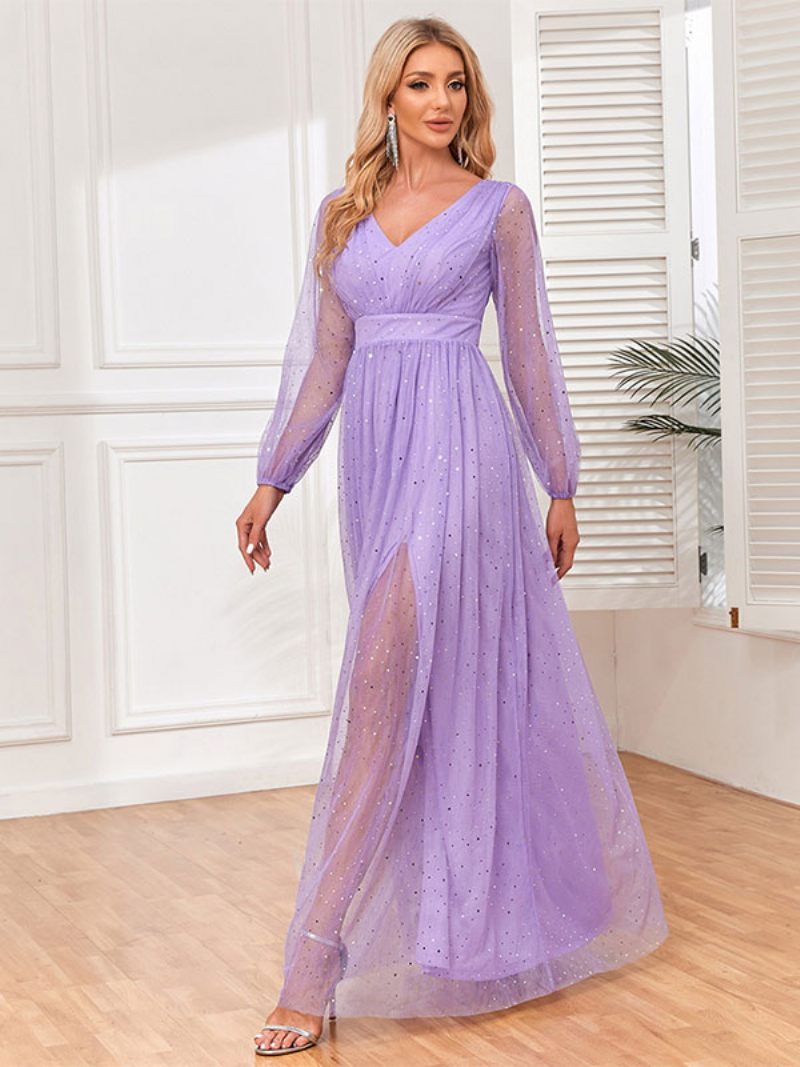 Robe Longue À Col V Pour Femme Taille Empire Manches Illusion Paillettes Robes Bal - Violet