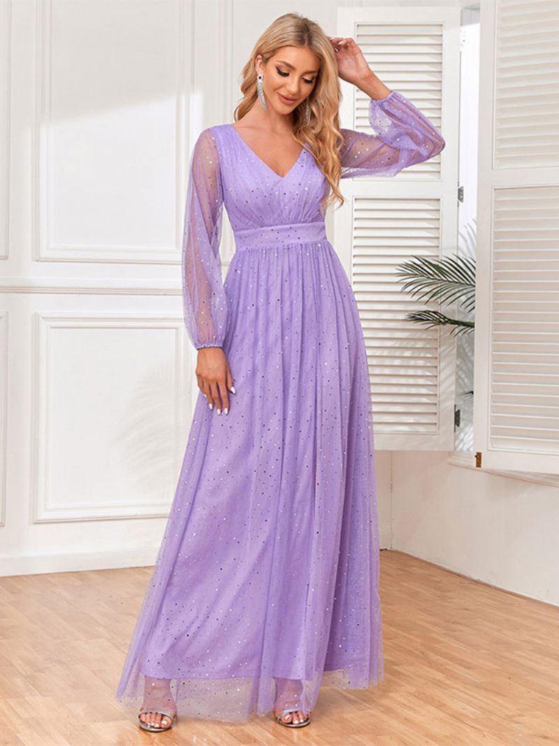 Robe Longue À Col V Pour Femme Taille Empire Manches Illusion Paillettes Robes Bal - Violet