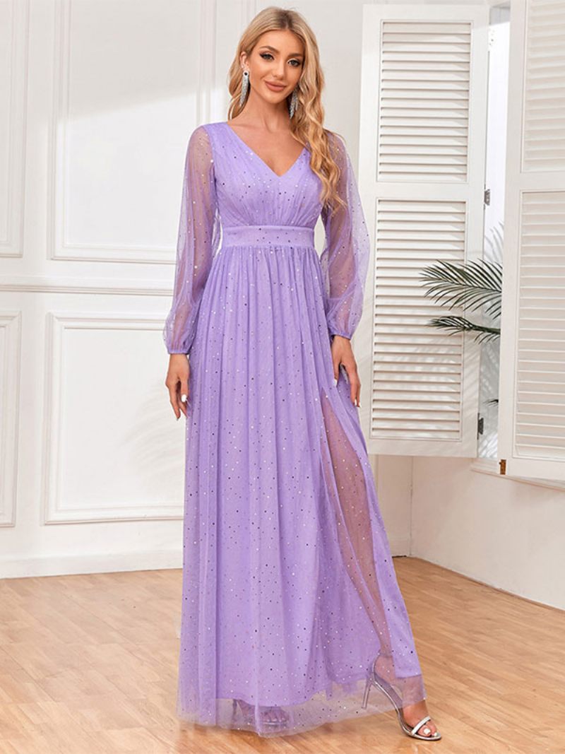 Robe Longue À Col V Pour Femme Taille Empire Manches Illusion Paillettes Robes Bal - Violet