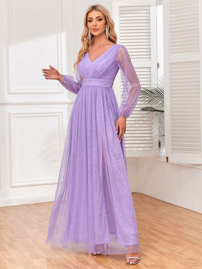 Robe Longue À Col V Pour Femme Taille Empire Manches Illusion Paillettes Robes Bal - Violet