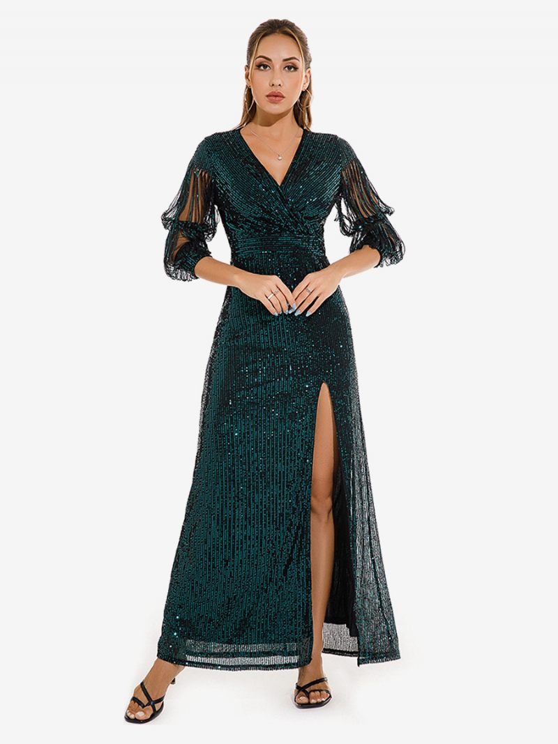 Robe Longue À Col V Pour Femmes Manches Conçues Fente Haute Robes Longues Fête D'anniversaire