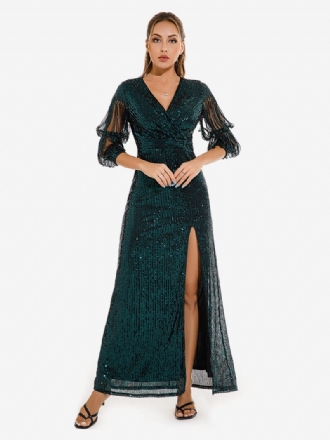 Robe Longue À Col V Pour Femmes Manches Conçues Fente Haute Robes Longues Fête D'anniversaire