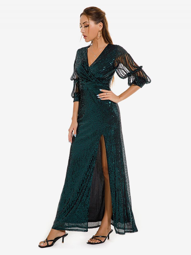 Robe Longue À Col V Pour Femmes Manches Conçues Fente Haute Robes Longues Fête D'anniversaire - Vert