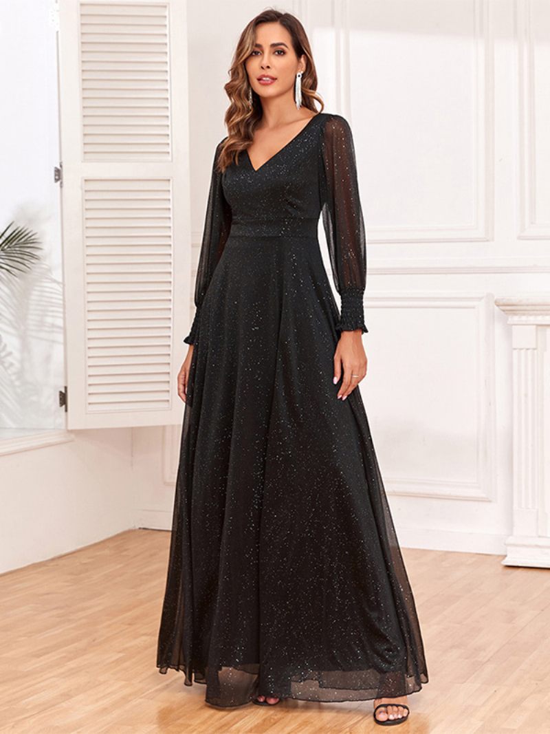 Robe Longue À Col V Pour Femmes Manches Illusion Fente Haute Robes Bal Sexy - Noir