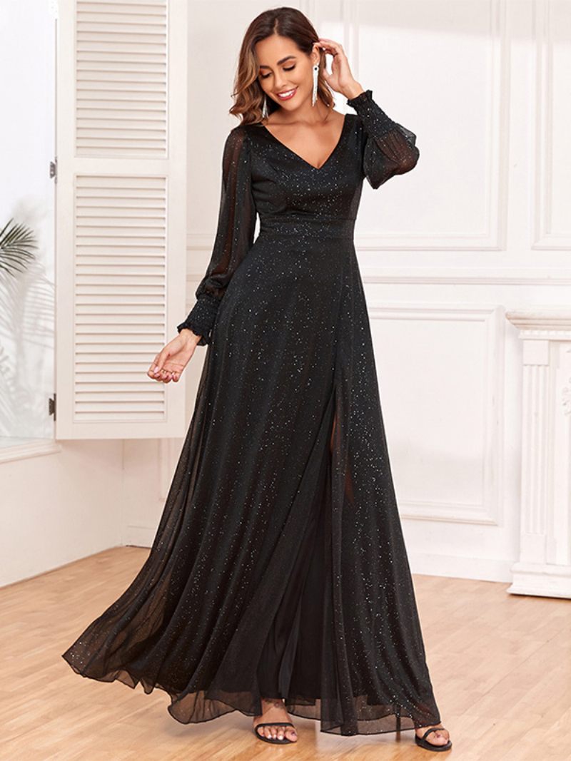 Robe Longue À Col V Pour Femmes Manches Illusion Fente Haute Robes Bal Sexy - Noir