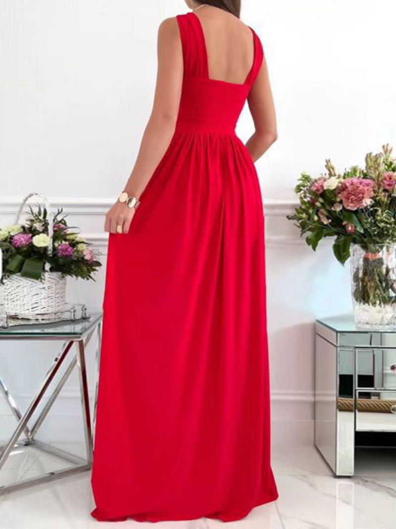 Robe Longue Croisée Sans Manches Pour Femmes Dos Nu Fente Plissée Robes Bal - Rouge