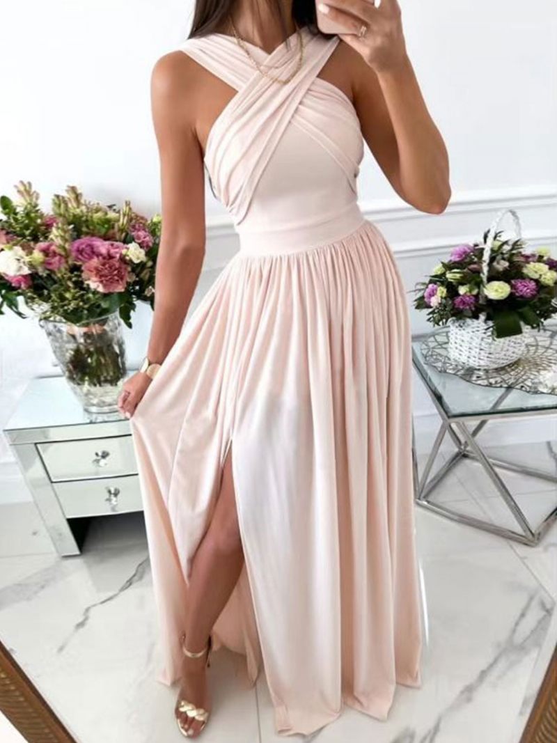 Robe Longue Croisée Sans Manches Pour Femmes Dos Nu Fente Plissée Robes Bal - Rose