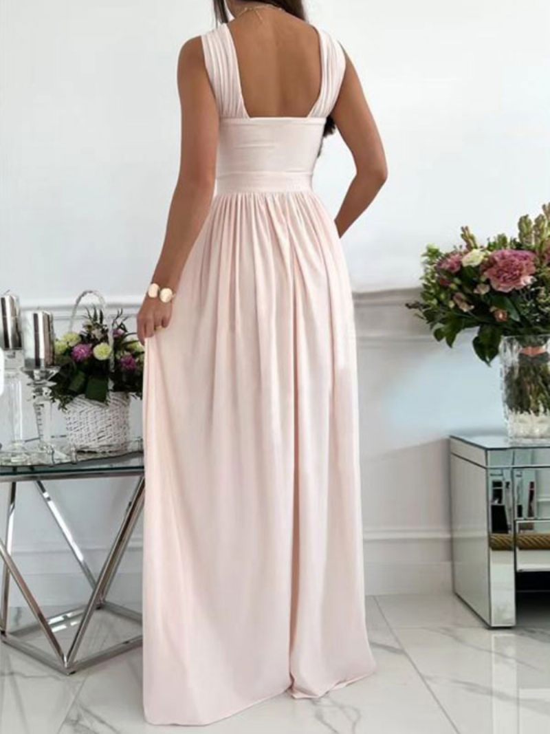 Robe Longue Croisée Sans Manches Pour Femmes Dos Nu Fente Plissée Robes Bal - Rose